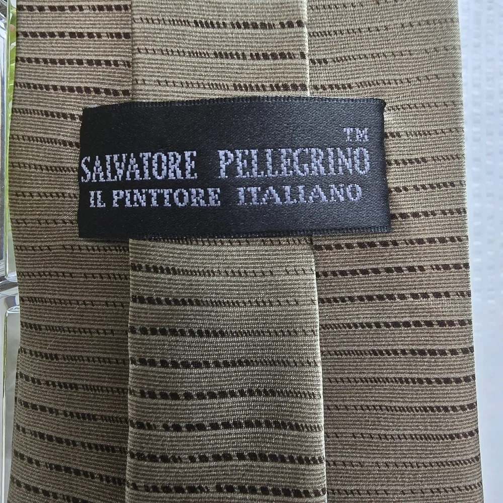 Salvatore Pellegrino 100% Silk Tie Golend Tan With Black Pinstripe EUC